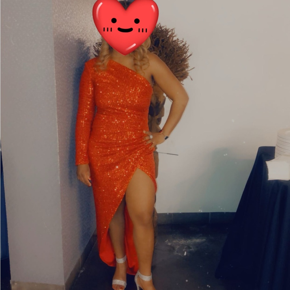 Fashion Nova One-Shoulder Sparkling Orange Dress